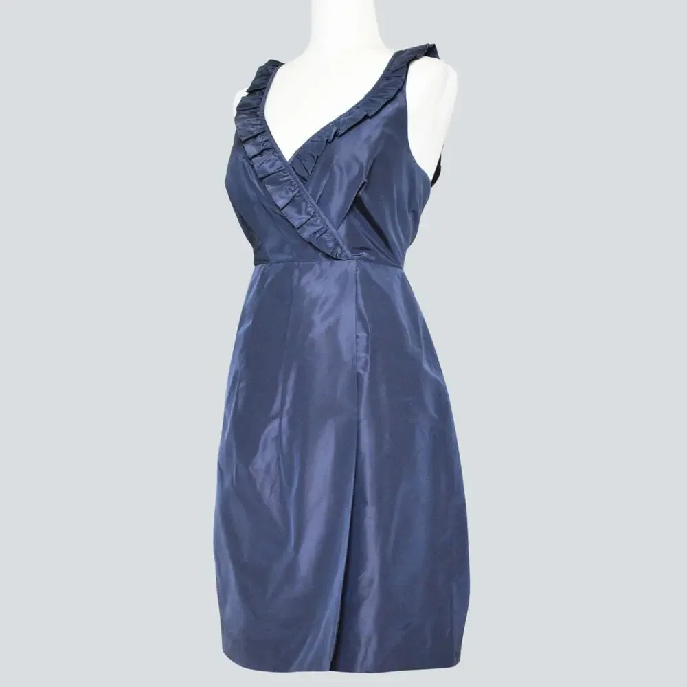 J. Crew Blakely Silk Taffeta Ruffle Faux Wrap Cocktail Dress Blue Womens Size 10